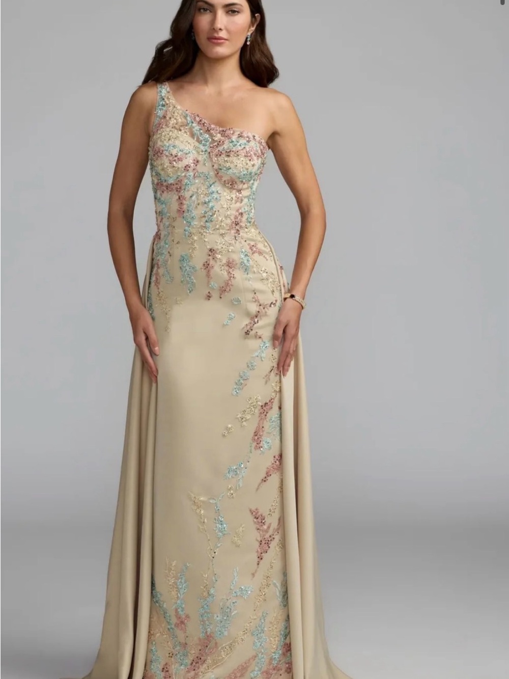 One-Shoulder Embroidered Evening Gown in Champagne